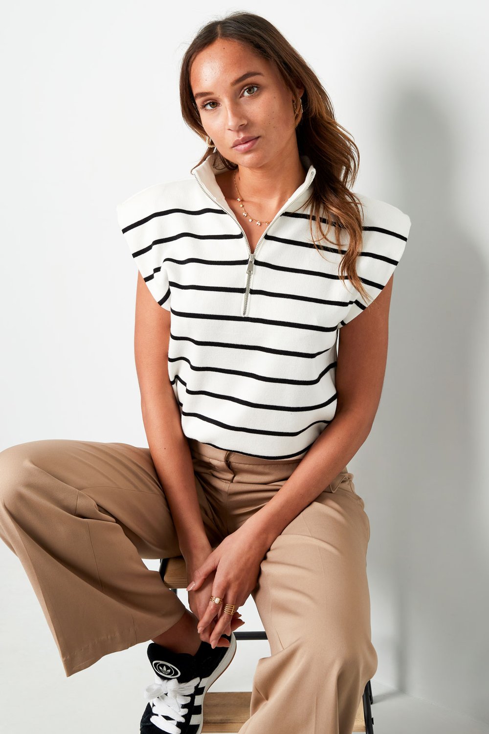 Gestreepte spencer met rits - beige bruin h5Afbeelding5